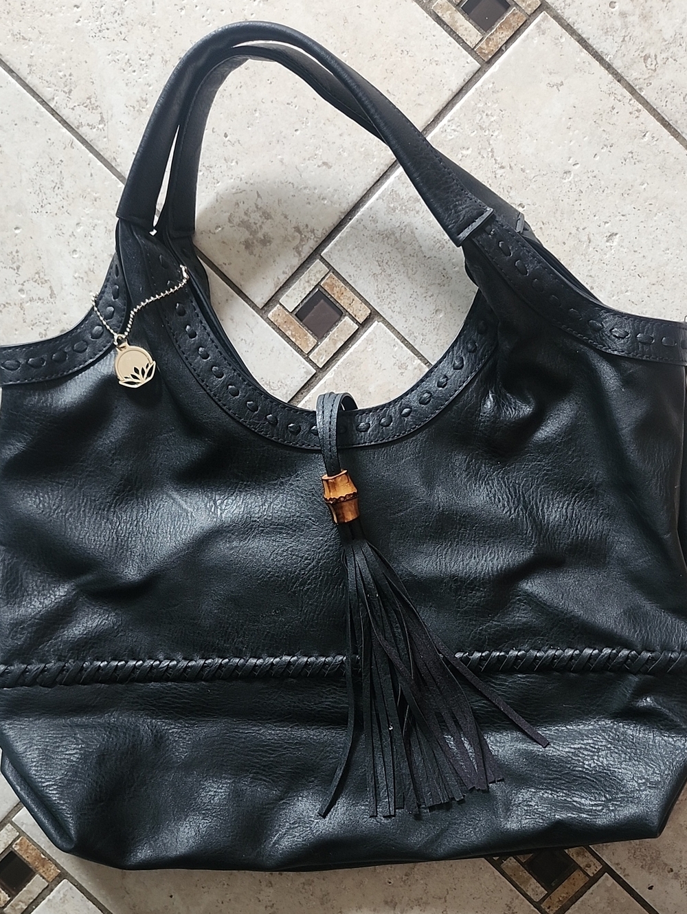 Big Buddha Black Textured Vegan Leather Tassel Hobo Bag